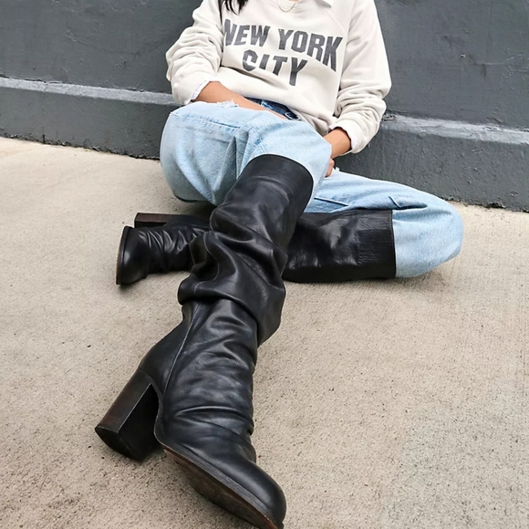 Free People Collection Elle Knee High Boots Black Leather Slouchy Sz 37 & 39 NWT - Picture 11 of 16
